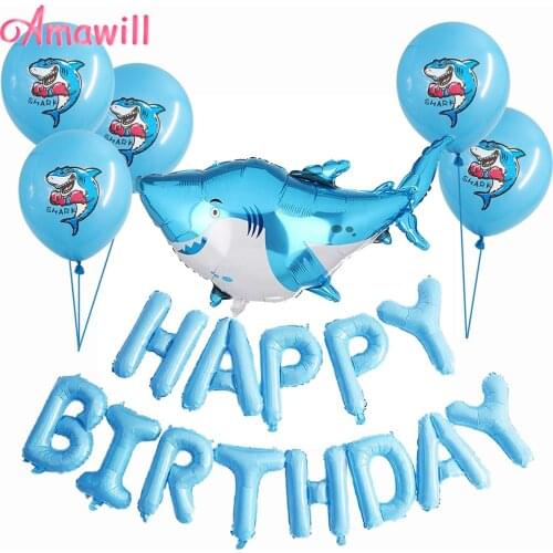 Amawill Cartoon Shark Theme Happy Birthday Party Decorations Kit Banner Sea Animal Baby Shower Blue Latex Balloons Kids Supplies