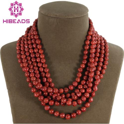 Free Shipping 6 Rows 8mm Round Sarcandra Glabra Coral Necklace Ladies Jewelry Wholesale CNR088