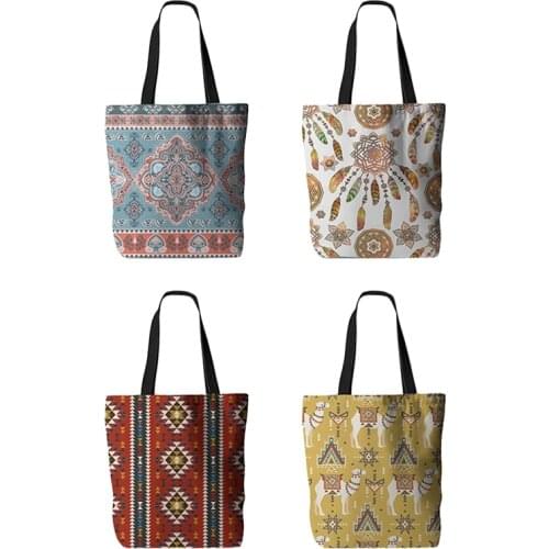 4 PCS Bohemian Tote Bag Turkish Persian Pattern Single Shoulder Bag Ethnic Canvas Bag Handbag Shopping Bag