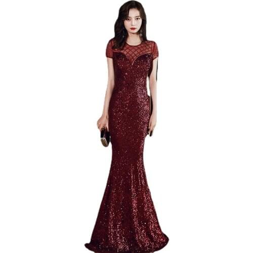 Burgundy Elegant Evening Dress O-Neck Short Sleeves Simple Mermaid Pleat Floor-length Plus size Women Formal Party Dresses C1189