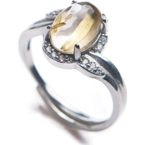Adjustable Genuine Natural Titanium Rutilated Quartz Round Bead Fashion Women Man Anniversary Sliver Ring 9*7mm