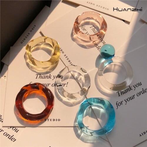 HUANZHI2020 New Trendy Geometric Round Transparent Glass Acrylic Ring for Women Summer Party Magazine Photography Hot Jewelry