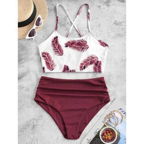 Swimming Suit For Women Two Piece Leaves Print High Waist Bikini Split Set Plus Size Beachwear Swimsuit Stroje K Pielowe Damskie