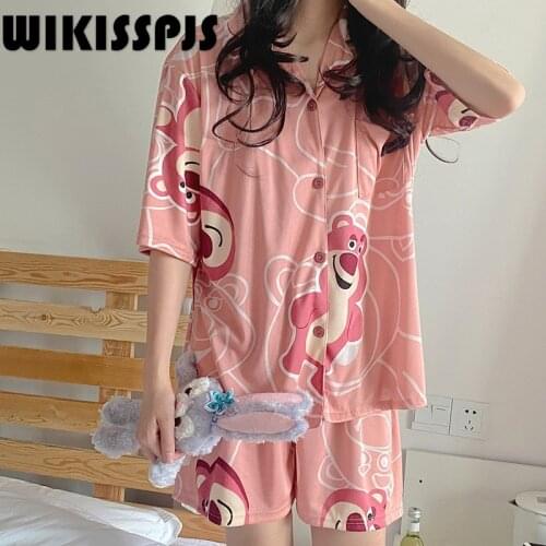 Summer Cardigan Suit Japanese Korean Sweet Student Cute Bear Home Dress Two Piece Suit Bedroom Set Lounge Wear Sleep Tops
