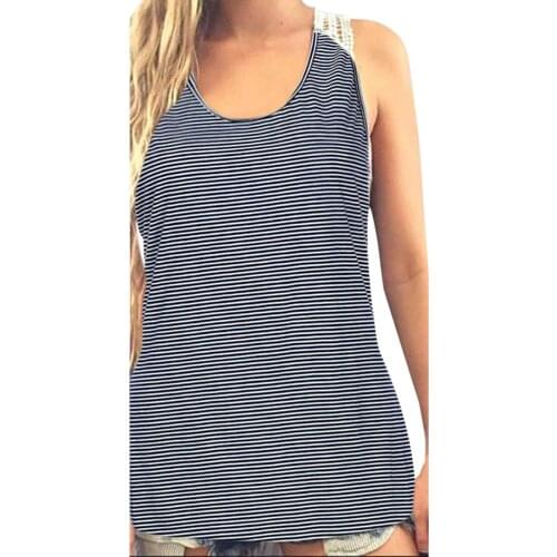 Fashion Sexy Lace Striped Blouse Shirt Loose O-Neck Tops Tee Summer Casual Ladies Tops Female Women Sleeveless Blusas Pullover