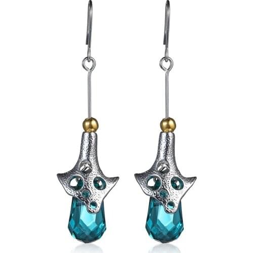 Fashion Sky Blue Teardrop Crystal Dangle Earrings Trendy Jewelry Two Tone Metal Hollow Silver Color Drop Earrings