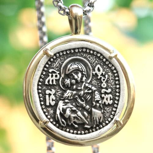 Mens ORTHODOX Necklace Mother Of God Vladimir Icon Miraculous Russian Medallion Religious Russian Jewelry