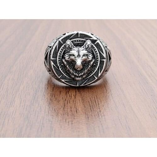 Free Shipping Vintage 316L Stainless Steel Mens Silver Color Black Sun Veles Wolf Head Ring For Viking Nordic Jewelry