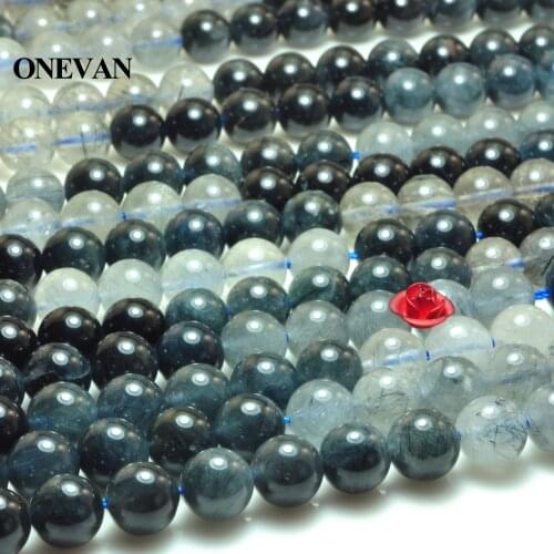 ONEVAN Natural Blue Rutilated Quartz Crystal Beads Smooth Stone Bracelet Necklace Jewelry Making Diy Accessories Gift Design