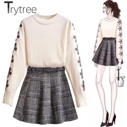 Trytree Autumn Winter Casual two piece Women Sets Embroidery Floral Sweater + Mini Plaid Shorts Skirt Zip Belt Sweet 2 Piece Set