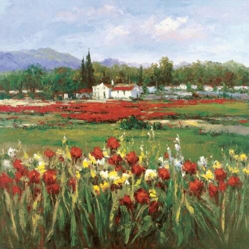 Handmade Landscapes art Canvas Red Flower Field Oil painting for living room decor