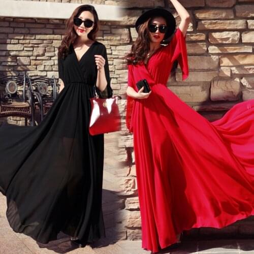 Womens Long Dress Summer V-Neck Half Sleeve Elastic High Waist Party Maxi Dresses Casual Red Chiffon Beach Sundress Vestidos