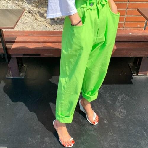 Casual Pants 2021 Spring New Loose Straight Wide-leg Pants Women High Waist Fluorescent Green Harem Trousers