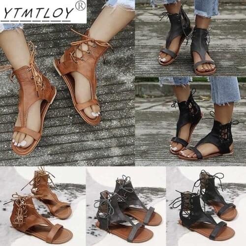 Summer Fashion Brown Cross Strap Womens Shoes Retro Sandals Ladies Leather Flat Sandals Ladies Beach Shoes Xl 43