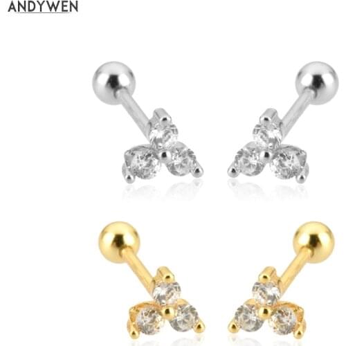 ANDYWEN 925 Sterling Silver Clear Three Zircon Charm Srud Earring Women Fashion Fine Jewelry Clips Piercing Beads Luxury Rainbow