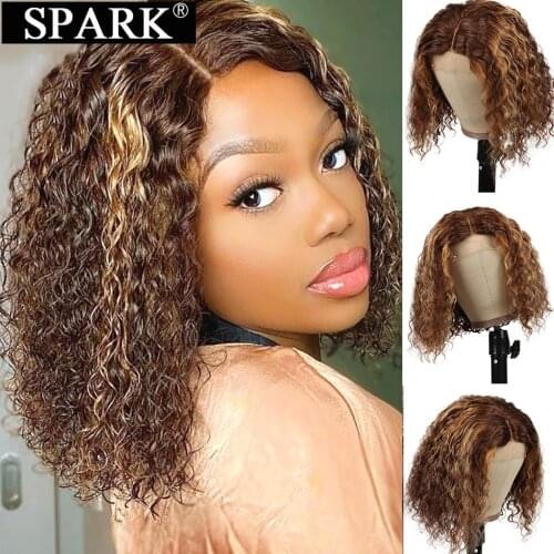SPARK Highlight T Part Water Wave Brazilian Lace Frontal Short Bob Wig Wet and Wavy 4x4 Lace Closure Curly Human Hair Wigs Remy