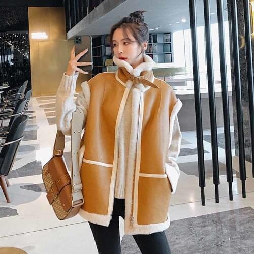 Streetwear Winter Wool Vest Female Winter Fur Integrated Thick Lamb Hair Korean PU Leather Clothing Fashion Loose Jacket
