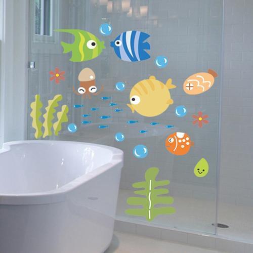 Waterproof Diy Ocean World Cartoon Fish Kids Vinyl Wall Sticker Decorative Kids Baby Bathroom Nusery Glass Decals Posters Mural