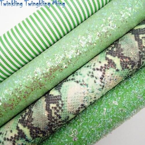 Green Chunky Glitter leather, Stripes Printed Faux Leather, Snake Glitter Faux Leather For Bow A4 21x29CM Twinkling Ming KM121