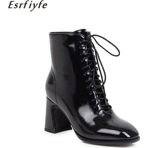 ESRFIYFE 2020 New Large Size 34-48 Women Ankle Boots Square Toe High Heel Women Shoes Female Sexy Party Shoes Women Lace Up