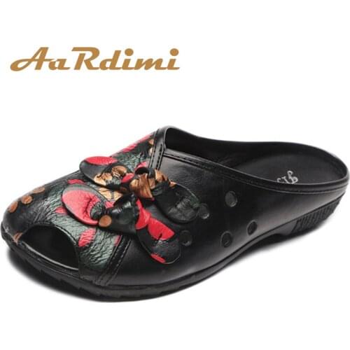 AARDIMI Retro Women Slippers Summer Female slippers Genuine Leather Floral Women Shoes Casual Slip On Round Toe Ladies Slippers