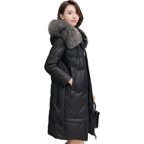 High-quality Sheepskin Down Jacket Women Winter Fox fur collar Hooded Genuine Leather Coat Plus size White duck down Jacket KW87