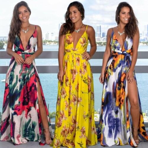 Women Boho Dress Sling Floral Print Long Maix Dresses Female Summer V-Neck Holiaday Party Beach Sundress Vestido 2020 New