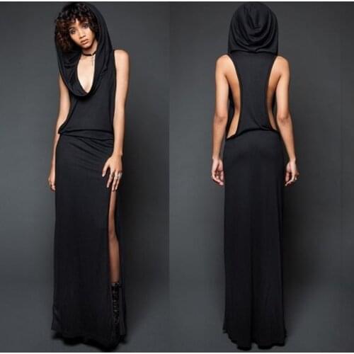 Imily Bela Vintage Hooded Maxi Dress Women Sexy Sleeveless Side Slit Split Bodycon Long Dress Femme Rome Open Side Vestidos