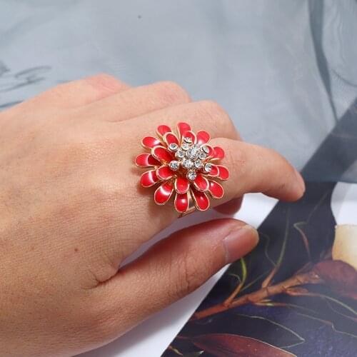 Big Red Enamel Flower Ring Adjustable Rhinestone Wedding Rings For Women Fashion Jewelry Finger Ring Female Boho Party Ladies