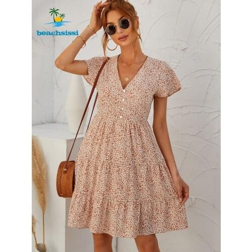 Beachsissi 2021 Summer Womens Dot Print Dress Fashion Button Up V Neck Casual Sundress Ruffled Hem Mini Dresses For Woman