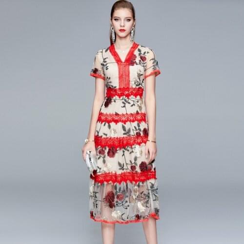 New summer Runway Mesh Embroidery Floral Sweet Dress Womens V Neck Short Sleeve Lace Patchwork Flower Print Summer Dress
