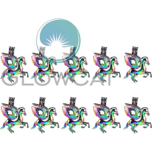 10x C843 Rainbow Color Pegasus Horse Wings Beads Cage Jewelry Making Perfume Essential Oil Diffuser Pearl Cage Locket Pendant