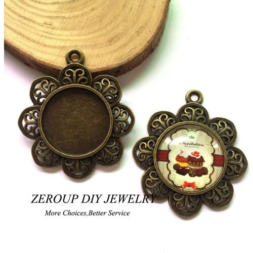 5pcs/lot 25mm Petal Charm Pendants Round Antique Bronze Cabochon Cameo Setting Supplies For Jewelry MC-619