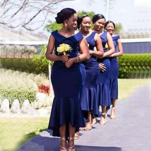 Royal Blue Mermaid Bridesmaid Dresses V neck Tea Length Satin Wedding Party Dress African Girls Gown robe de soirée de mariage