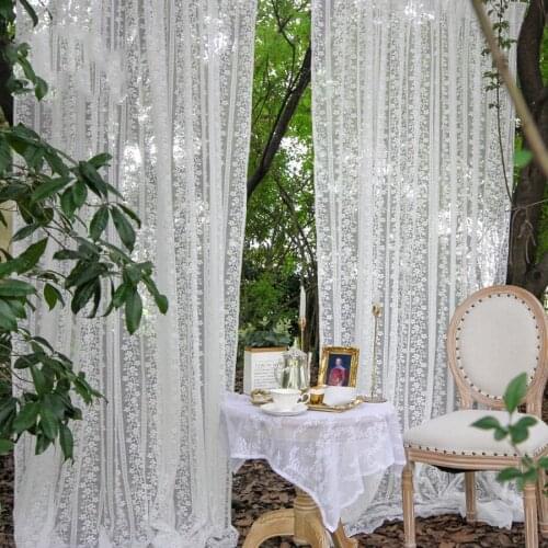 White Knitted Lace Sheer Curtains for Bedroom Retro Style Vintage Delicate Woven Striped Flowers Sliding Door Drapes