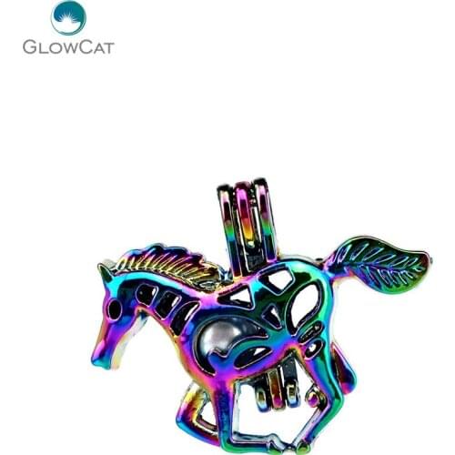 C481 5pcs/lot Rainbow Color 25mm Long Tail Horse Bead Pearl Cage Locket Pendant Pearl Locket Fairytale Party