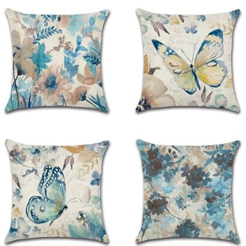 Flower Butterfly Pattern Cushions Cover Blue Pillowcase Linen Cushion Cover Throw Pillow Case Sofa Decoration Pillow Cover