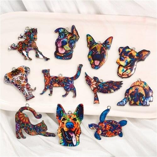 Julie Wang 5PCS Colorful Animal Charms Alloy Graffiti Dog Cat Bird Horse Elephant Pendant Bracelet Jewelry Making Accessory