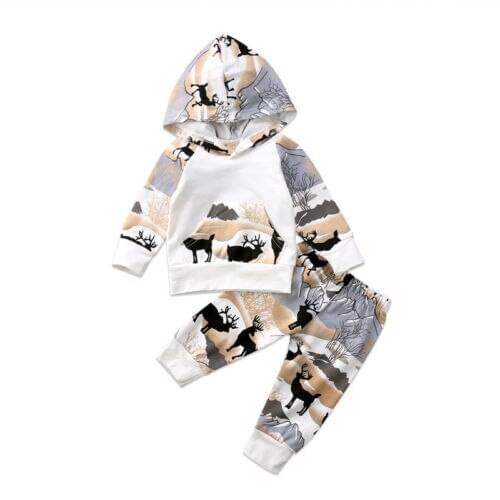 2PCS Newborn Baby Boys Girls Clothes Set Cotton Deer Hooded Tops Pants Leggings Outfits Clothes