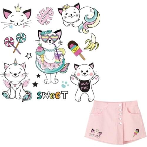 Cute Unicorn Cat Set Applique Clothes Thermal Transfer Diy Hot Tear T-Shirt Dresses New Design Patches Iron On T-Shirt Dresses