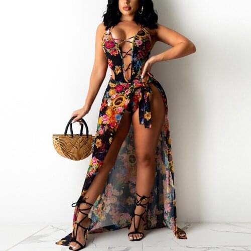 2 Pieces Sets Womens Outfits Skirt Sexy Floral Print Lace Up Backless Tops & Skirts High Split Evening Club Wear Outfits Sets