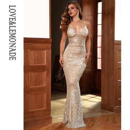 LOVE&LEMONADE Sexy V-Neck Low Back Silver Elastic Sequin Bodycon Bridesmaid Maxi Dress LM82768
