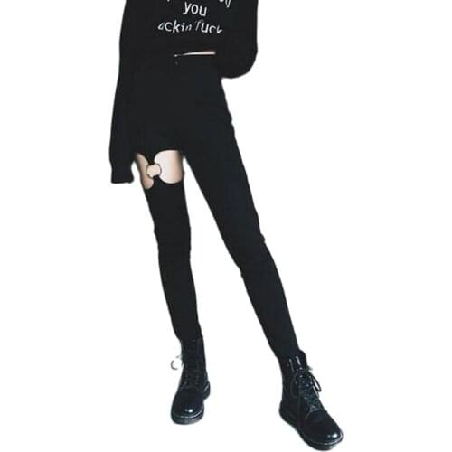 Fashion 2021 Women Ripped Hole Pencil Pants Skinny Thin Pencil Pant Trousers ring Stretch Ripped Pants