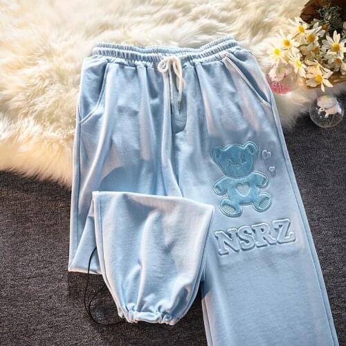 Ins Streetwear Fashion Bear Embroidery Drawstring Sweatpants Teens Clothes Bottom Pants High Waist Loose Mujer Joggers 2021 New