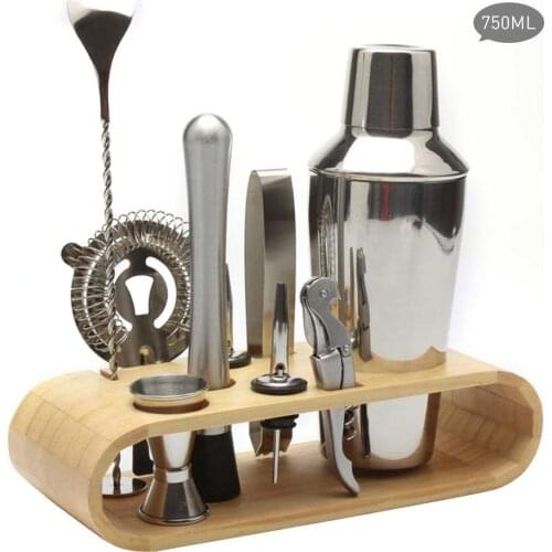 10pcs Cocktail Shaker Set Stainless Steel Wine Mixer Liquor Red Wine Cocktail Shaker Bartender Tool Set Oval Wooden Stand Base