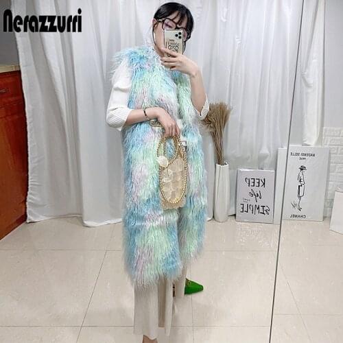 Nerazzurri Autumn Rainbow Fluffy Shaggy Hairy Soft Faux Fur Vest Colorful Runway Stylish Cute Sleeveless Jacket for Women 2021