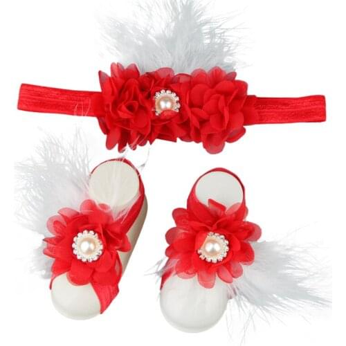 New Baby Girls Flower Sandal Headband Elastic Hairband +Toddler Barefoot Sandals Infant Photo Prop Set
