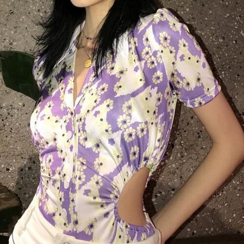 Retro Sexy Floral Print Bodysuit 2021 Fashion Women Short Sleeve Hollow Out Romper Casual Skinny Leotard Streetwear Summer Top