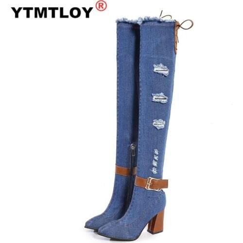Sexy Women Slim Thigh High Denim Boots Spring Chunky Heels Shoes Woman Casula Cowboy Over The Knee Botas Mujer Zipper