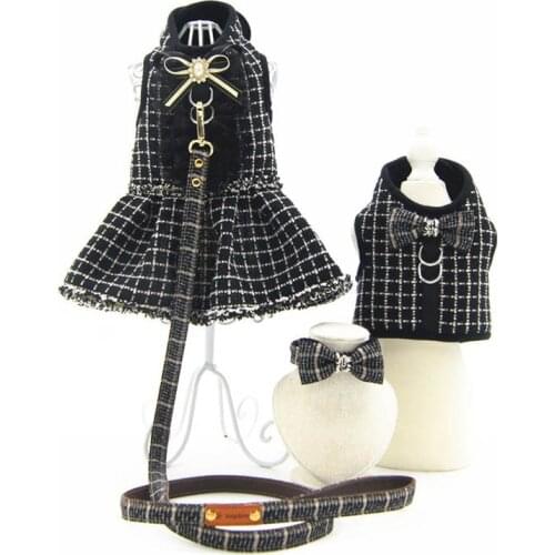 Black Plaid Princess Dog Cat Harness Dress with Leash Set Small Dog Harness Vest Fashion Dog Stuff Luxury Puppy Accessories